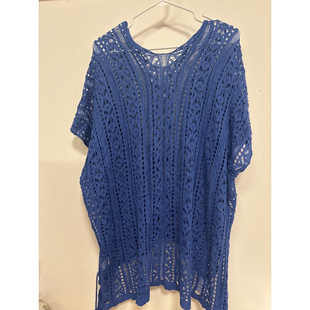 Womens Royal Blue Crochet Knit Poncho Tassel Tie Side Beach Cover Up Top Large - Picture 2 of 4